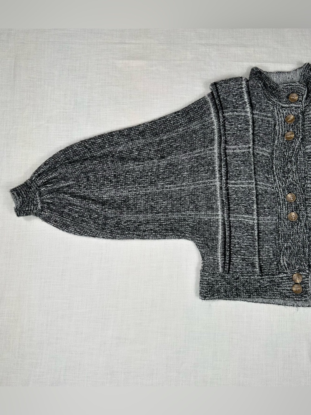 POL Clothing Chunky Knit Windowpane Cardigan Puff Sleeve Sweater Wool Blend S - Picture 6 of 13
